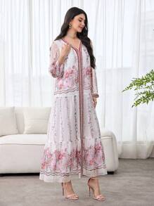 SHEIN Najma 优雅浪漫花卉图案雪纺拼接宽松女式连衣裙 - 彩色 - 查看 5