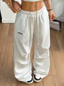 Coolane Women's Summer Streetwear Casual Basic Striped Wide Leg Sweatpants - White - View 5