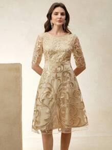 Anewsta 女士优雅约会之夜刺绣亮片中袖束腰连衣裙，春夏季，节日，毕业典礼 - 金色 - 查看 6