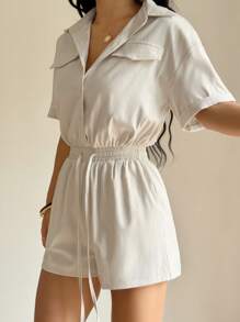 SHEIN Unity Women's Apricot Cinched Waist Faux Pocket Short Sleeve Jumpsuit, Spring/Summer - Apricot - View 3