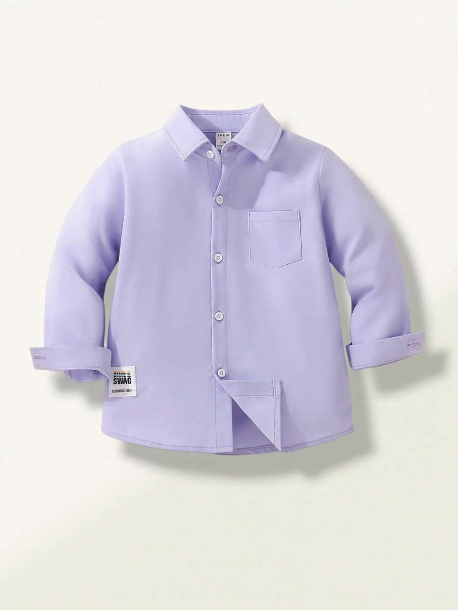 SHEIN Explorewe Camisa de manga larga de unicolor casual para niño, con logotipo decorativo, se combina bien con pantalones casuales, adecuado para uso casual diario, viajes, reuniones, escuela, una versátil prenda superior para primavera/otoño - Púrpura malva - Ver 1