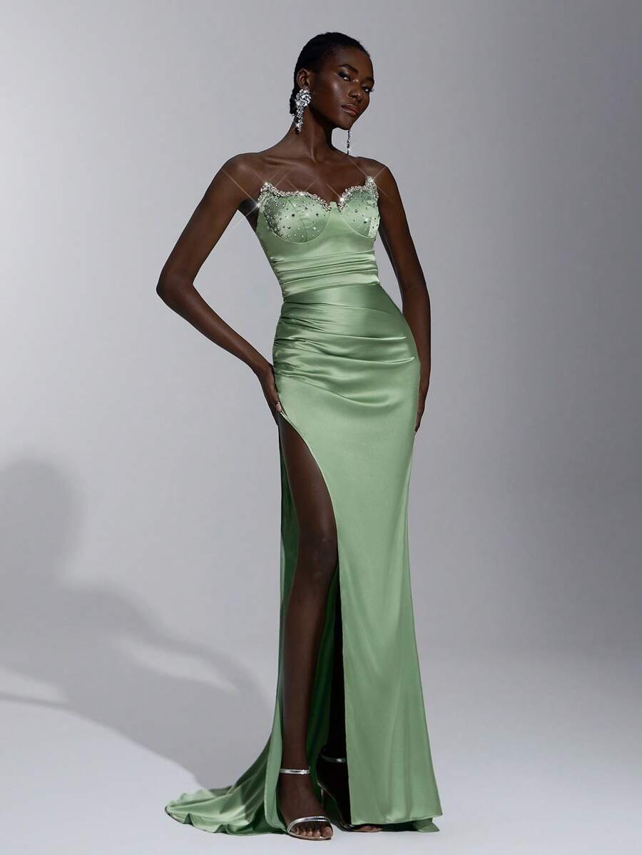 Elitara 优雅华丽的浅绿色手工渐变水钻和钻石链装饰钢圈胸罩性感高开叉百褶鱼尾适合约会派对单身派对度假正式场合晚礼服、长袍、晚会、婚礼宾客 - 綠色 - 查看 1