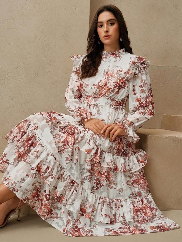 Women's Plus Size Woven Navy Blue Ruffle Edge Cake Skirt Ruffle Edge Long Sleeved Dress Floral Dress Women