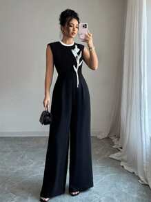 Chiquease 女士优雅法式编织无袖连体裤，腰带和 3D 花卉装饰，黑色，夏季新品 - 黑色 - 查看 1