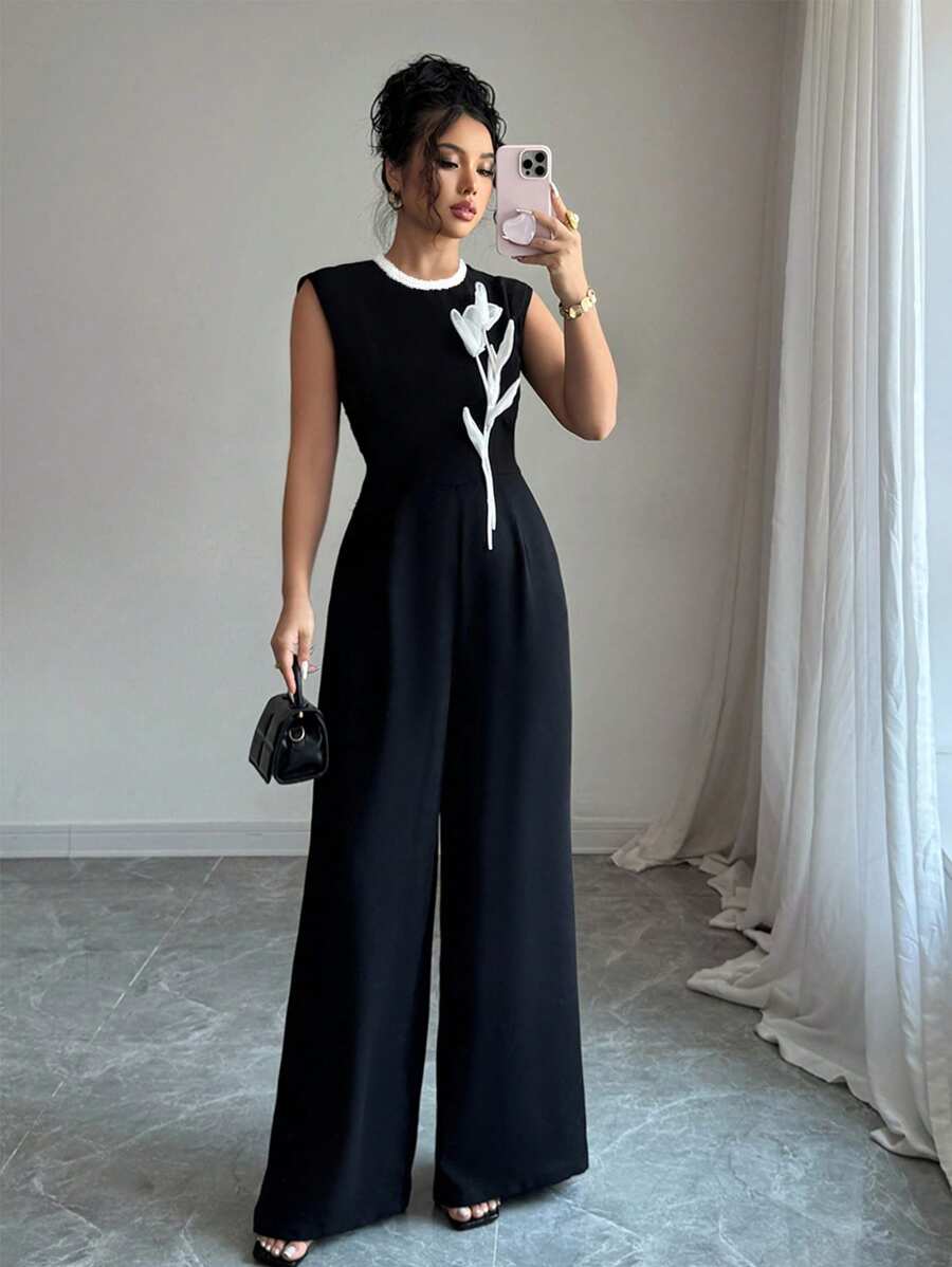 Chiquease 女士优雅法式编织无袖连体裤，腰带和 3D 花卉装饰，黑色，夏季新品 - 黑色 - 查看 1