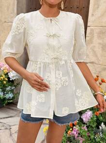 SHEIN 夏季休闲度假波西米亚风花卉孕妇衬衫 - 杏色 - 查看 3