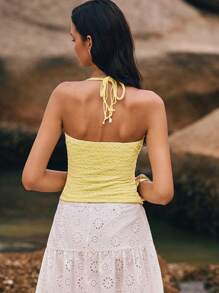 Poéselle 女士波西米亚风奶油黄纹理串珠装饰吊带背心，外出上衣，可爱夏季上衣，度假，海滩 - 黃色 - 查看 7