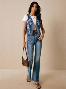 Poéselle 女式花卉刺绣牛仔背心，蓝色波西米亚风女式牛仔夹克，时尚前开式牛仔夹克，Y2k 乡村音乐会可爱夏季上衣，节日，外出，复古，秋季 - 中等水洗藍 - 查看 4