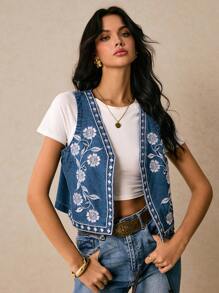 Poéselle 女式花卉刺绣牛仔背心，蓝色波西米亚风女式牛仔夹克，时尚前开式牛仔夹克，Y2k 乡村音乐会可爱夏季上衣，节日，外出，复古，秋季 - 中等水洗藍 - 查看 7