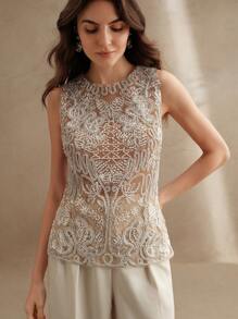 Anewsta 2025 New Spring/Summer Unique Casual Pearl, Sequin & Embroidery Sleeveless Cropped Tank Top - Apricot - View 3