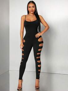 Radiana 春夏街头休闲日常舒适性感夜店摇滚辣妹音乐节绿色针织高弹力镂空露背紧身长款连体衣 - 黑色 - 查看 4