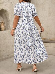 Flirla Plus Size Women's Elegant Casual Blue & White Floral V-Neck Tie-Waist Babydoll Maxi Dress, French Style, Suitable For Commute, Holiday, Afternoon Tea, With Puff Sleeves & Ruffled Skirt, Spring/Summer - Multicolor - View 2