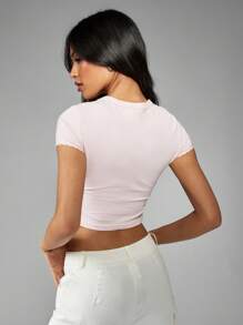 MISSGUIDED Sweet Enough Slogan Baby Tee Crop Top Lace Trim Sleeve Summer Casual Short Sleeve Form Fitting T-Shirt Pastel Basic Top Spring Festival Everyday Essential