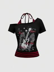 J-Fashion T-shirt asymétrique d'été pour femmes avec épaule contrastée et rayures, idéal pour les concerts de plage, les festivals rave et le streetwear Y2K sexy