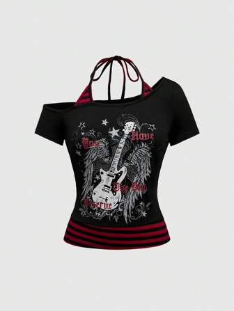 J-Fashion Gyaru Summer Beach Concert Women Rave Festival Streetwear Y2K Sexy Asymmetrical Shoulder Contrast Stripe T-Shirt