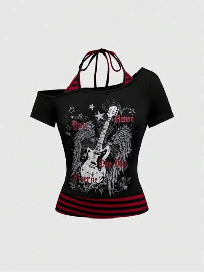 J-Fashion قميص T-شيرت نسائي أسيمتري الكتف بتصميم شريطي متباين، ملائم لحفلات الشاطئ والموسيقى الصيفية وحفلات الرقص، بأسلوب ستريت ويير وطراز Y2K الجذاب