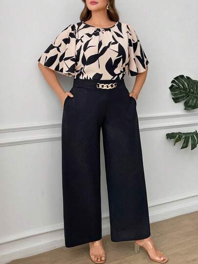SHEIN Clasi 2pcs Plus Size Women Set: Flower Printed Round Neck Top And Pants, Elegant Commuter Outfit,Business Casual Woman