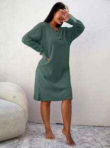 SHEIN Cottnline 100%Cotton Plus Letter Embroidery Half Button Nightdress - Mint Green - View 3
