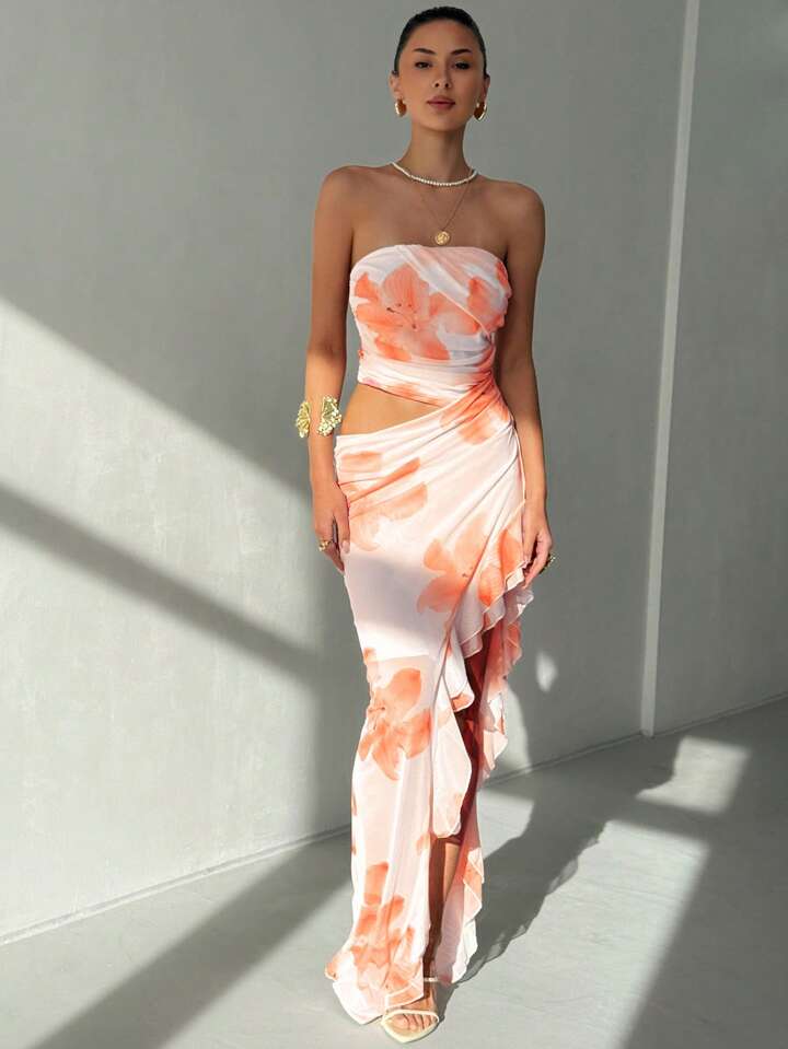 Aloruh Women's Floral Print Hollow Out Ruched Backless Dress,Bohemian Clothes