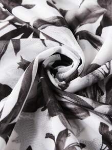 Swim Oasis New Arrival Black & White V-Neck Bow & Floral Print Swimsuit Skirt 2 Pieces Set With Mesh Skirt, Premium Beach Summer Outfit For Women - Black and White - View 4