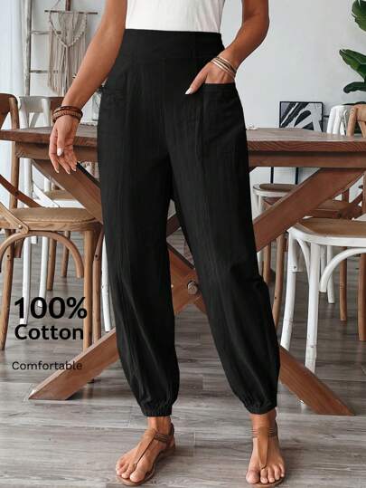 EMERY ROSE Women Solid Color Elastic Waist Pocket Casual Pants Women Summer Pants Women Casual Pants Loose Pants For Women Elastic Waist Pants Cotton Pants For Women