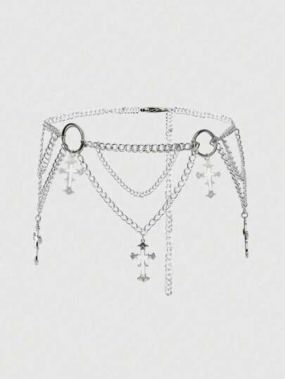 Goth 1 pezzo Catena per vita in stile gotico da donna, in tono argento, a doppio strato con decorazione a croce in cristallo, accessorio versatile per uso quotidiano