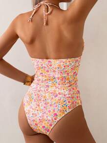 SHEIN Swim 女式碎花 V 领荷叶边两件套泳衣，休闲舒适的度假泳装 - 彩色 - 查看 2