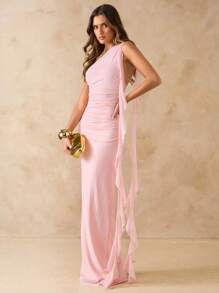 SHEIN BAE 女式纯色不对称褶饰露背长款网眼荷叶边连衣裙，优雅海滩度假连衣裙，春夏 - 淺粉色 - 查看 4