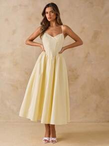 SHEIN BAE 纯色柔黄色优雅修身无袖连衣裙，适合日常约会、度假、音乐节、生日、早午餐、婚礼宾客、伴娘礼服