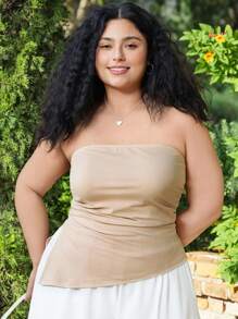 SHEIN EZwear Plus Size Black Pleated Slit Strapless Knit Stretch Top - Brown - View 3