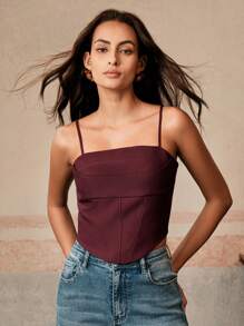 Anewsta Elegant Slimming Ribbed Spaghetti Strap Camisole Top In Burgundy, Fishbone Design, Suitable For Vacation And Various Occasions - Burgundy - View 3