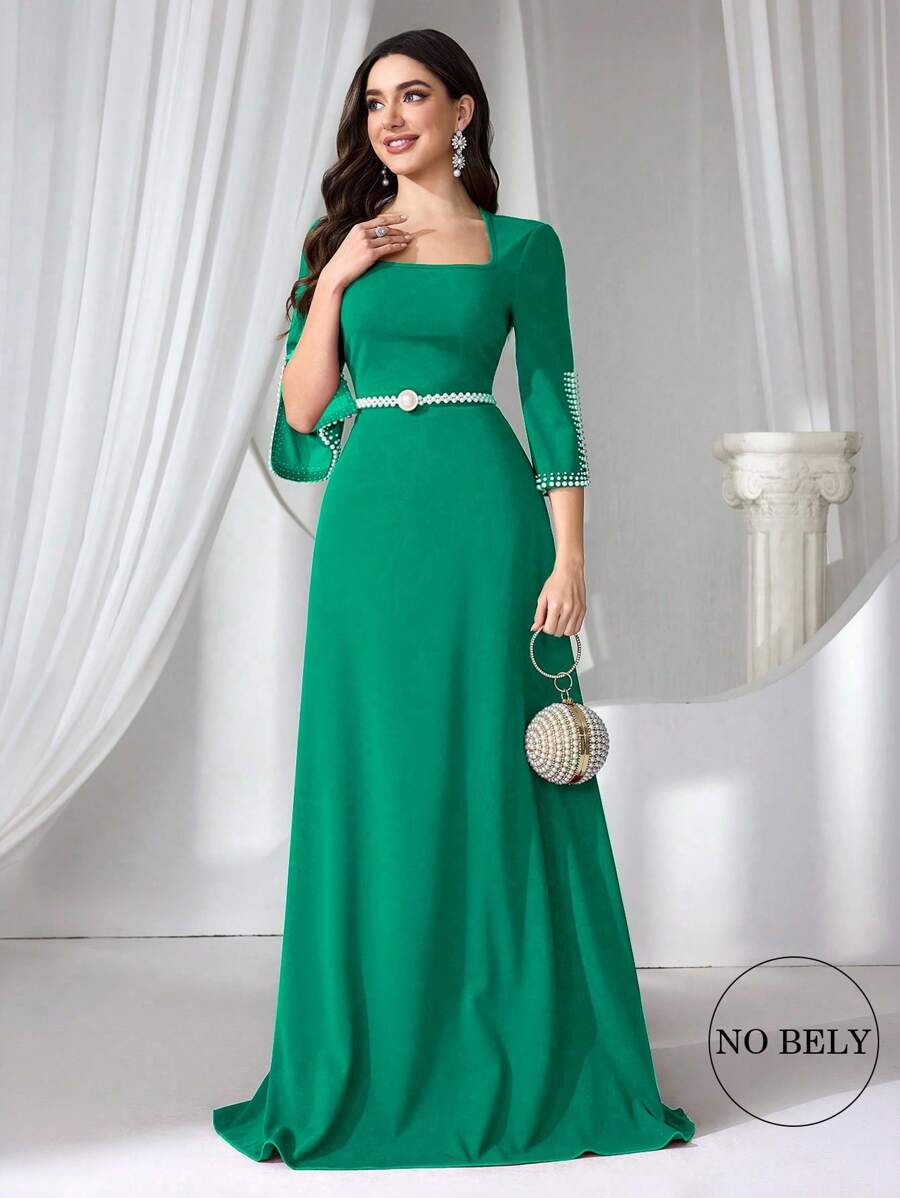 Đầm dạ hội trang trọng dệt kim đính hạt bong bóng cho nữ, Đầm dự tiệc, Váy dài, Dành cho khách dự tiệc cưới - Màu xanh Ô liu - Xem 1