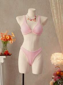 SHEIN Swim 2件套女士2025夏季海滩V领纹理泳衣 - 粉色 - 查看 4