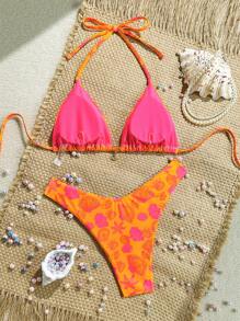 Swim Mod 2件套夏季假期随机印花金色贝壳装饰吊带比基尼上衣和高腰泳裤性感泳衣套装 - 橘色 - 查看 2
