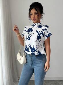 Elenzga Women's Fashion All-Over Print Half-High Collar Short Sleeve Blouse