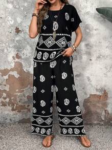 EMERY ROSE Woman Summer Outfits Two Pieces Outfits For Daily Wear,Paisley Print Two-Piece Vacation Pants Set - Black and White - View 5