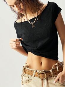 Bohemela Women Fitted Washed Solid Color Knit Boat Neck T-Shirt Off The Shoulder Top