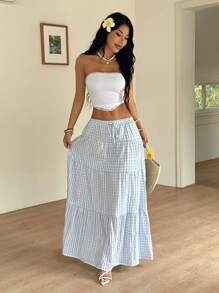 SHEIN EZwear Falda larga a rayas azules y blancas para mujer, adecuada para vacaciones de verano - Azul y blanco - Ver 4