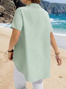 EMERY ROSE Plus Size Casual Striped Shirt, Simple And Fashionable For Daily Wear, Summer, Boho - Mint Green - View 2