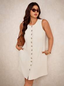 Elaquor Plus Size Casual Elegant Commute Sleeveless Button Round Neck A-Line Dress,Business Casual Woman - Apricot - View 5