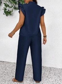 SHEIN Frenchy 2pcs Set Plus Size Solid Color Notched Neck Top And Drawstring Waist Wide Leg Pants,2 Pieces Summer Outfit - Navy Blue - View 6