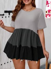 SHEIN VCAY 女士加大码撞色蕾丝边短袖宽松T恤，夏季休闲装