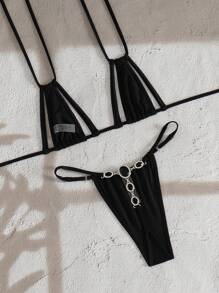 Swim Vcay Summer Beach Vacation Black Solid Color Sexy Bikini Bottom With Special T-Shape Diamond Accessory Connection - Black - View 2