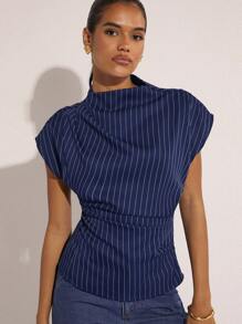 COSMINA Women's Summer Fashion Striped Ruched Waist Blouse - Navy Blue - View 3