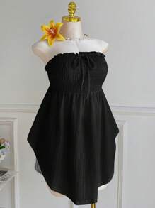 Comfortcana Top sin mangas con volantes, lazo delantero, ribete de encaje y bajo asimétrico, negro, talla grande, primavera/verano - Negro - Ver 6