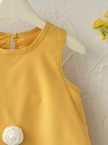 Bộ đồ liền thân 2 món không tay có viền nhún bèo trang trí hoa cho bé gái, quần short thường ngày không tay và áo ba lỗ, thời trang mùa hè phong cách ngày lễ - Nhiều màu - Xem 6