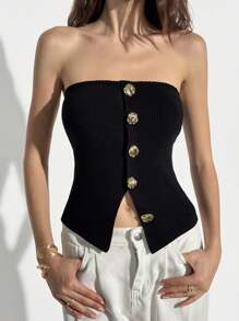 SHEIN EZwear Top corto sin mangas con dobladillo asimétrico y decoración de botones de metal, color negro