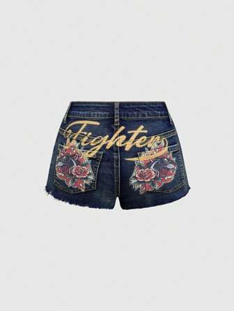 Grunge Punk Pantalones cortos vaqueros de talle súper bajo con estampado de cabeza de tigre vintage Y2K para mujeres