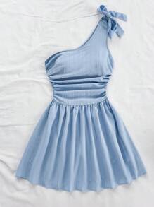 Soleia 女式夏季条纹荷叶边褶皱单肩迷你连衣裙