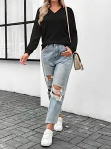 SHEIN LUNE 女款長袖v領拼接鏤空針織毛衣 - 黑色 - 查看 5